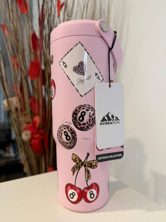 Vaso Térmico Rosa HydraPeak – Diseño “Stay Wild” con Cartas y Cerezos