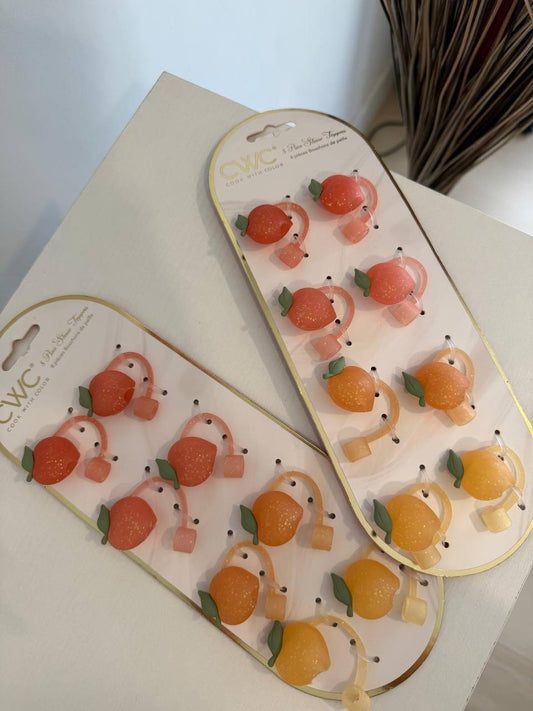 🍑 Set de Tapas de Silicona para Popote – Diseños Frutales de Durazno y Limón (8 piezas)